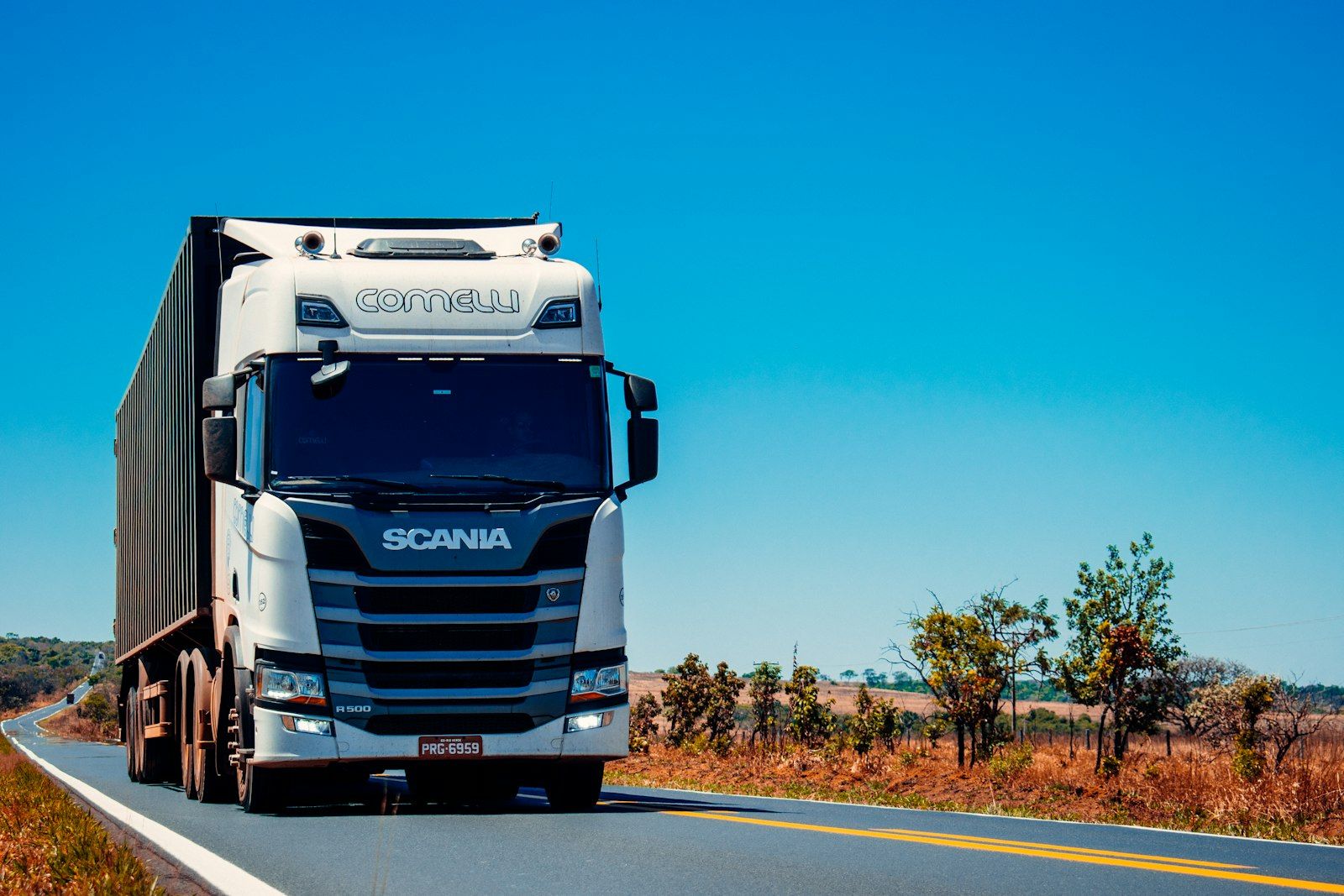 Semi-trailer truck travelling on an intercity highway