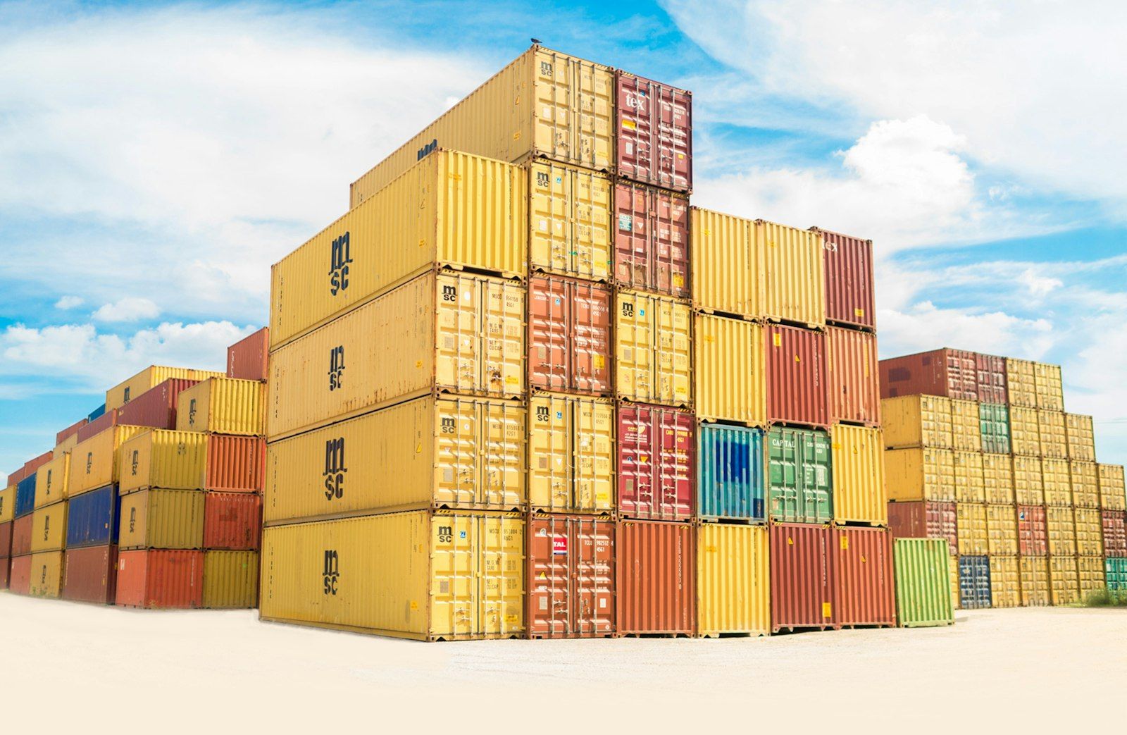 Stacked cargo containers in a storage yard