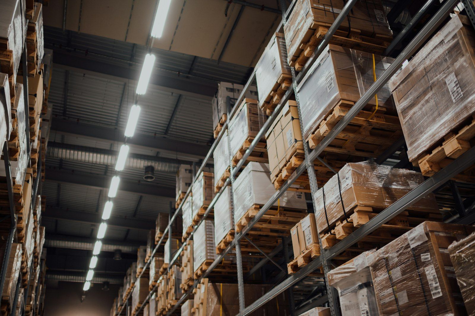 Palletized goods on high warehouse racking